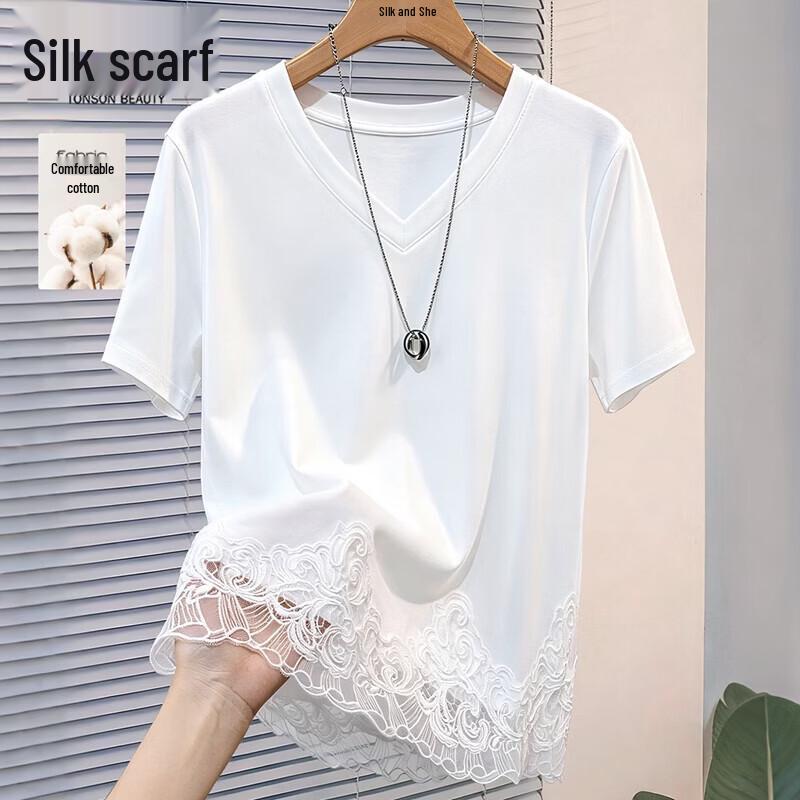 Silburs Women s V-Neck Lace Patchwork Short Sleeve T-Shirt M белый