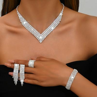 Premium Design Full Diamond Super Flash Necklace, Tassel Earrings, Bracelet, Ring Set Bridal Jewelry Set