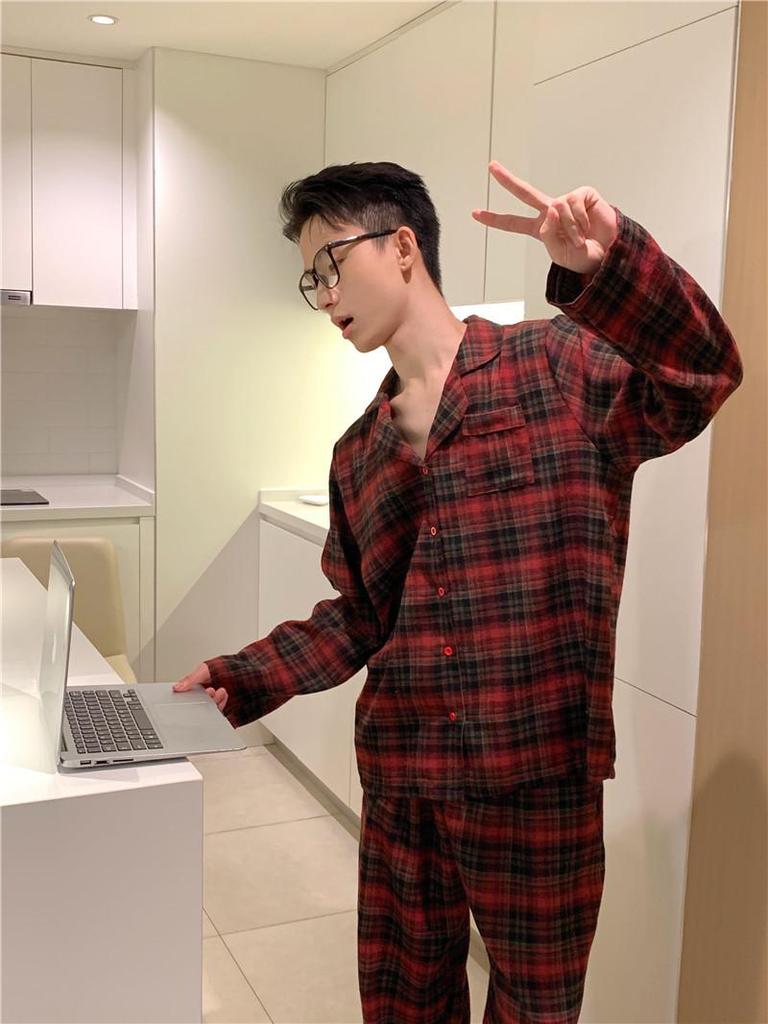 Korean Style Plaid Lace Couple Homewear Set - Autumn/Winter