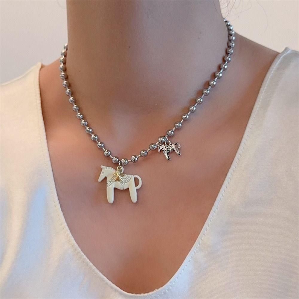 Alloy Horse Pendant Necklace Silver Plated Enamel Pendant Necklace Beads Neck Chain  for Women