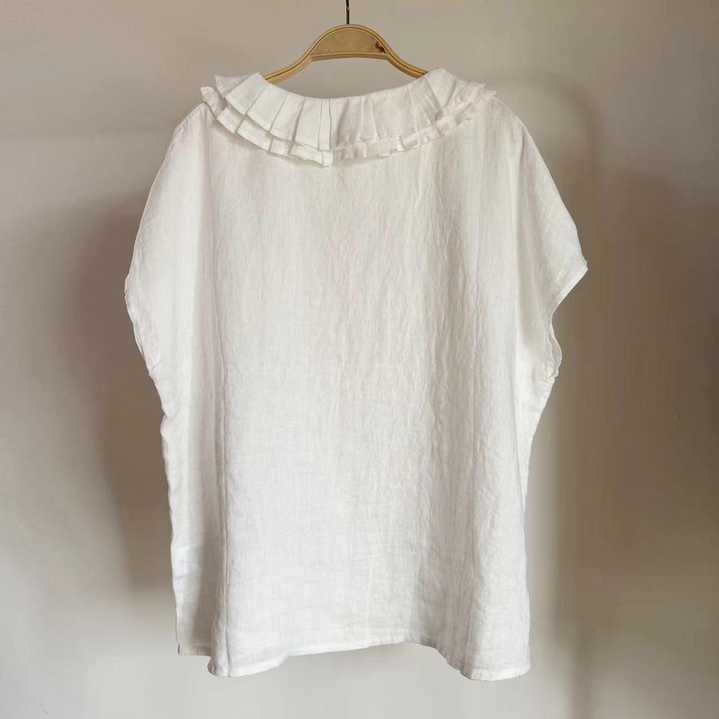 Johnature Simple Shirts Women Summer Mori Vintage Casual Ruffles Collar Loose Solid Color Short Sleeve Female Tops