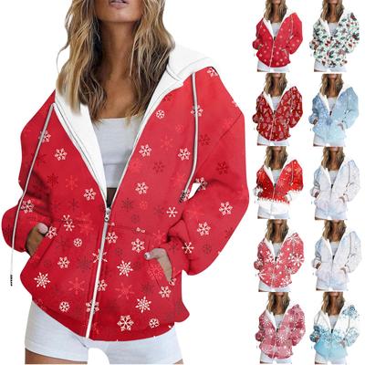 Women's Fashion Casual Christmas Printed Sweatshirt Autumn And Winter Long Sleeve With Pocket Cardigan Jacket Jacket Hoodie Coat