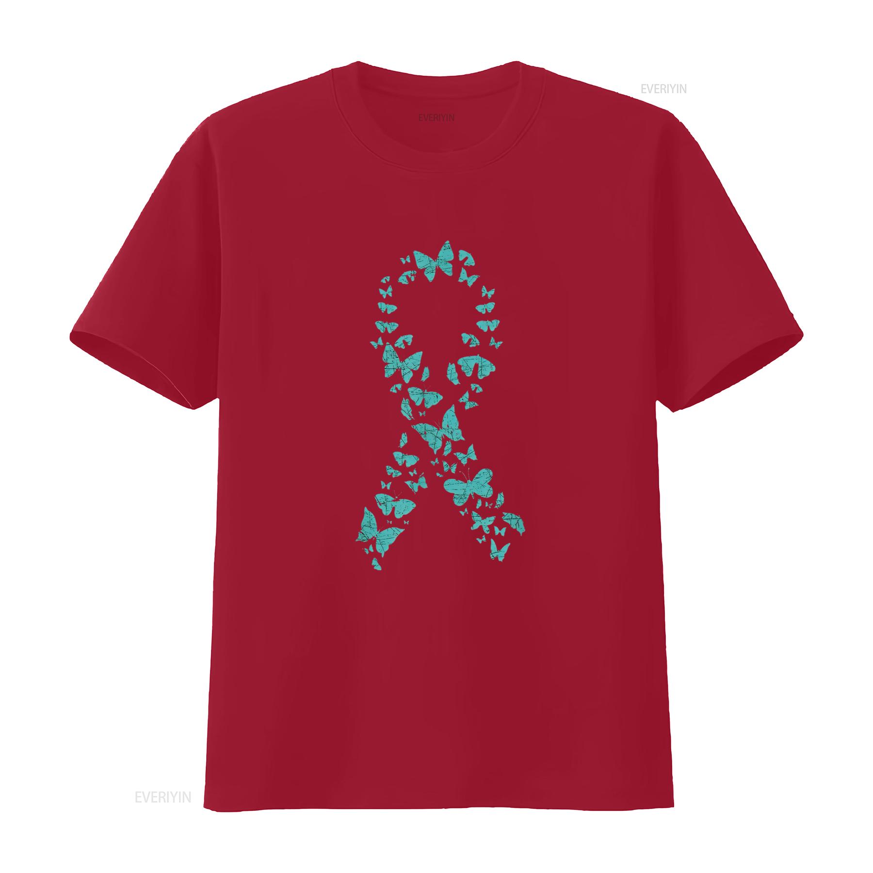 Womens Teal Ribbon Butterflies Ovarian Cancer Awareness T Shirt Black vintage Washed fashion homme graphic Slightly Casual S