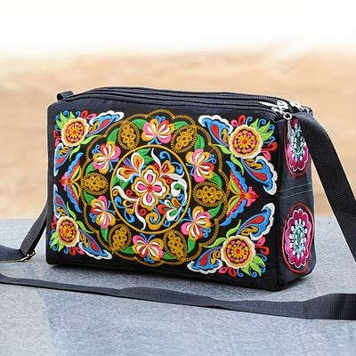 Ethnic Embroidered Crossbody Bag, Women's Canvas Shoulder Bags with Large Capacity
