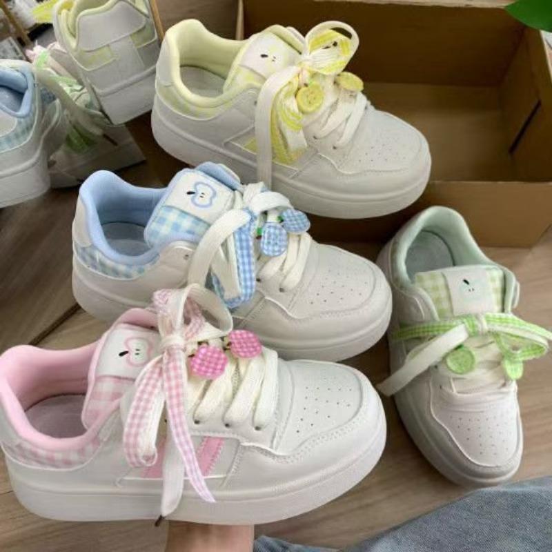 College Style Color Matching Platform White Shoes Women's Autumn New Leather Running Shoes Student Lace-up Board Shoes