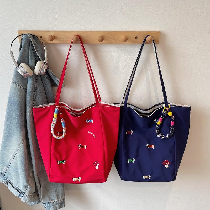 Women's Nylon Cartoon Puppy Embroidery Single Shoulder Tote Bag with Pendant, Striped Double-Sided Design