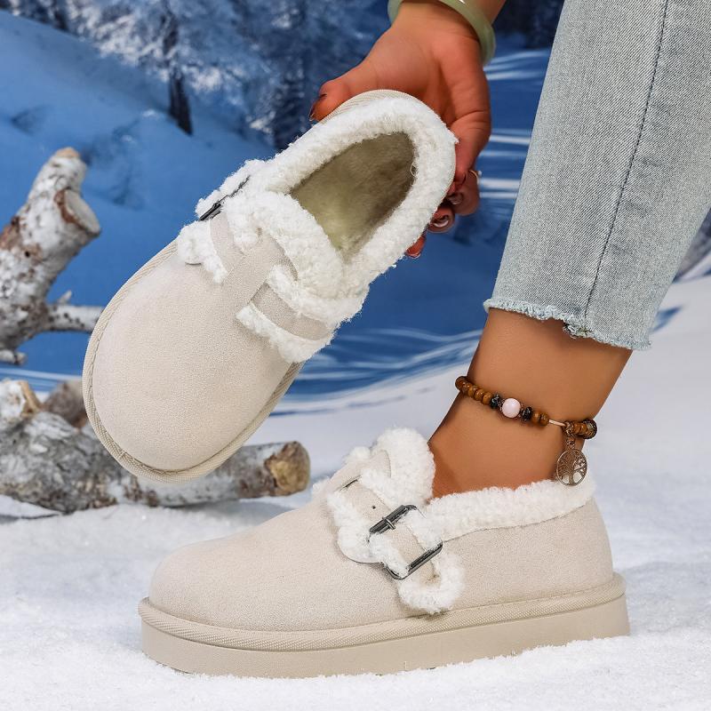 Soft Thick Bottom Furry Casual Shoes Women 2025 Winter Warm Short Plush Flats Shoes Metal Buckle Non Slip Snow Boots for Woman