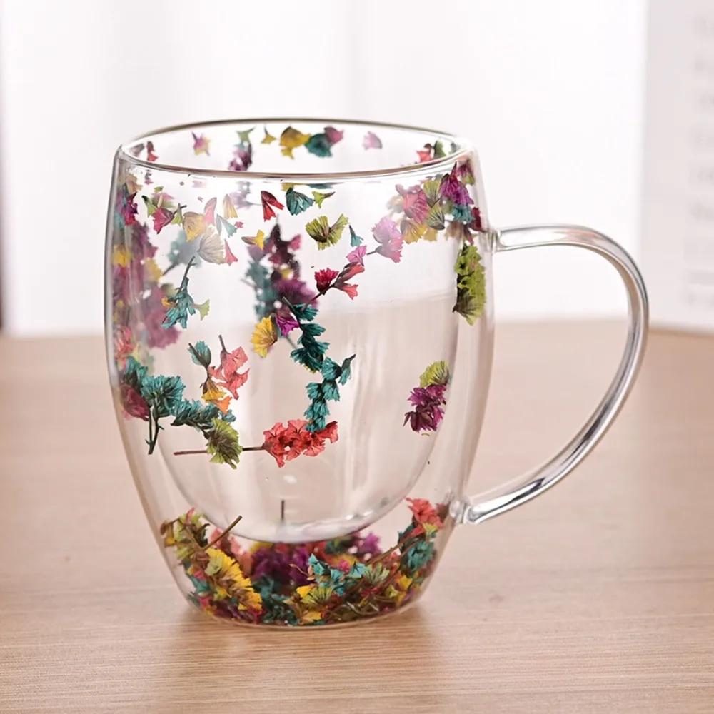 

1pc 350ml Artificial Flower Glass Coffee Mug Double-Walled Espresso Cup Heat Insulated Quicksand Transparent Water Cup Drinkware 350ml