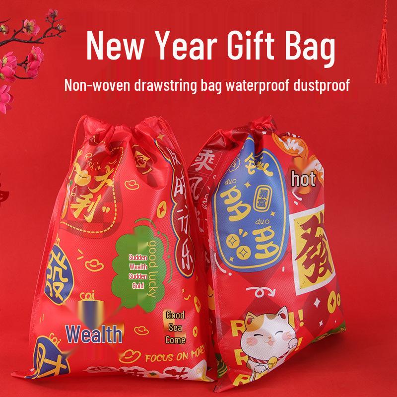 In-Stock New Year Gift Non-Woven Drawstring Bag: Luck, Wealth, & Prosperity Snack Storage