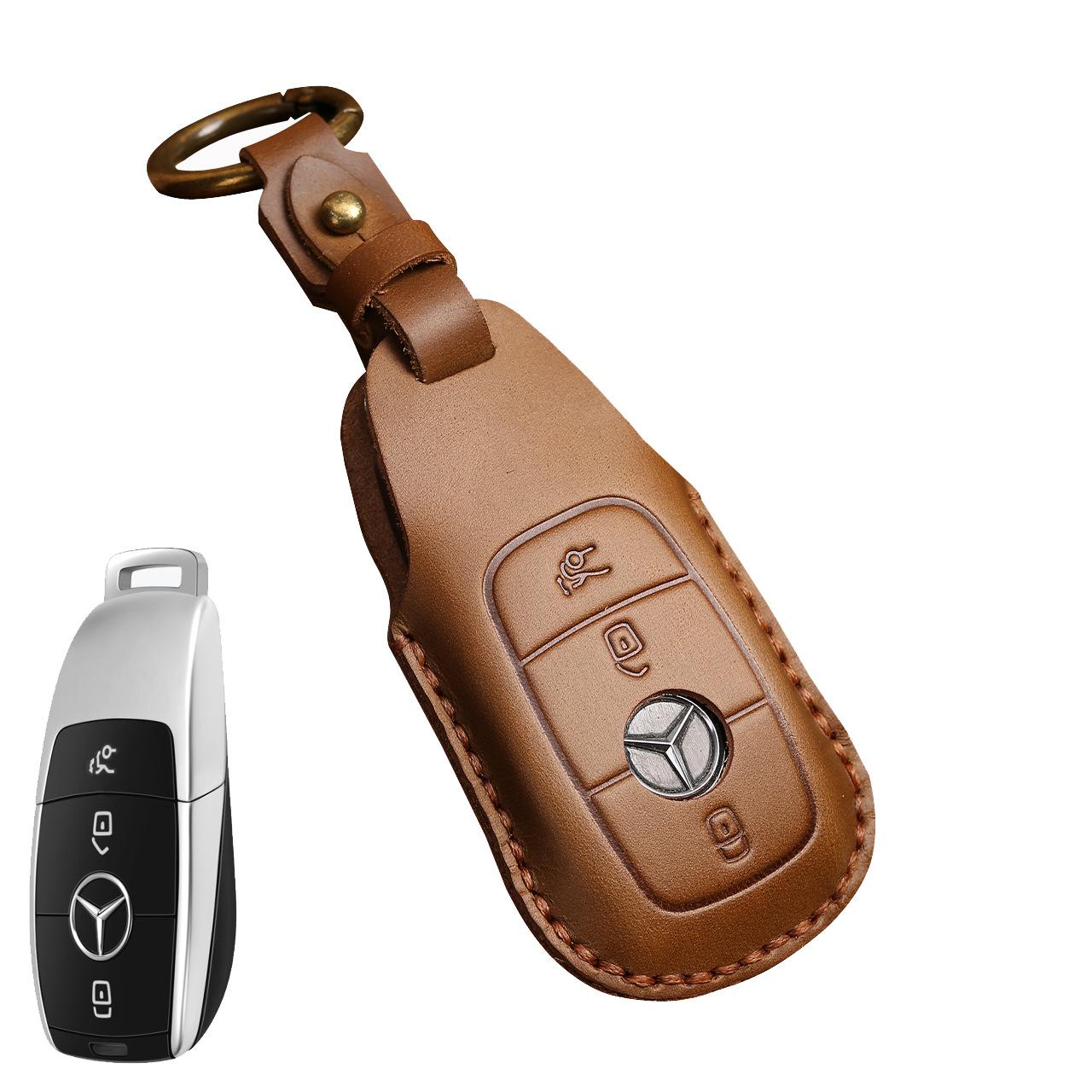 

Сделанный вручную кожаный чехол для автомобильного ключа, подходит для BENZ E/C class A200 GLC300L GLE260L E350 3 key brown