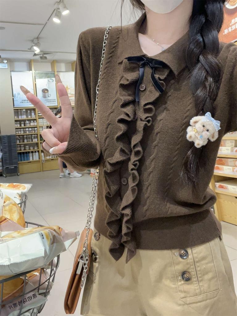 Age-reducing Polo Collar Fungus Edge Knitted Sweater Autumn and Winter Long-sleeved Front Shoulder Inner Top Design Bottoming Shirt