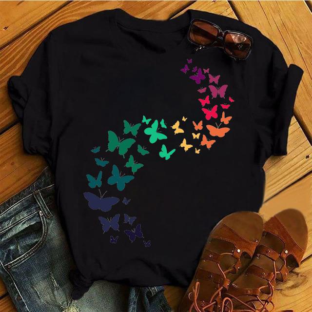 

Colorful Butterflies Print T Shirt New Fashion Women Women T Shirt Causal Tops Female Harajuku Graphic Tee Shirts Ladie T-Shirts S білий