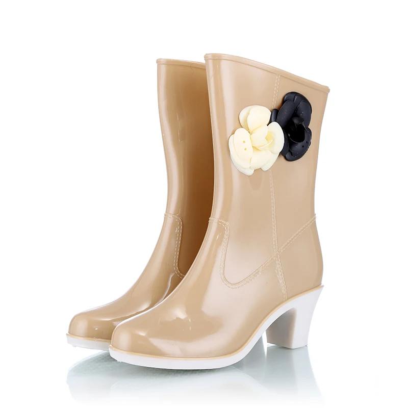 Fashion Ladies Shoes 2025 Mid-Calf Women's Boots Outdoor Rainboots Women Round Toe Slip On Floral Mixed Colors Chunky Heels Shoes Women
