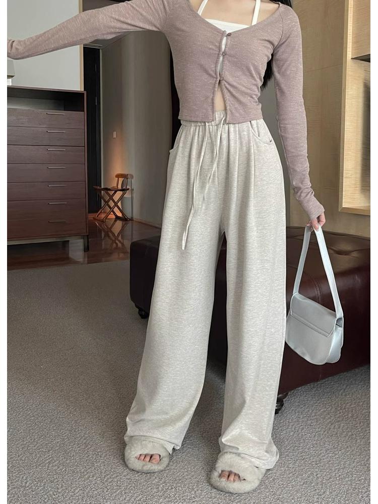 Damskie spodnie dresowe z wysokim stanem i szerokimi nogawkami Petite - Miękkie, klejące i długie do ziemi na jesień/zimę (Rozmiary 145-150)