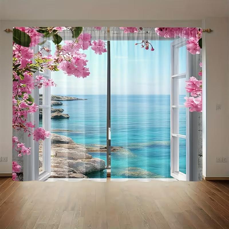 

2 Pcs Seaside flower scenery print curtains,suitable for bedroom,living room kitchen decoration,home decoration,window decor 14Wx39L(35x100CM)x2&Rod Pocket