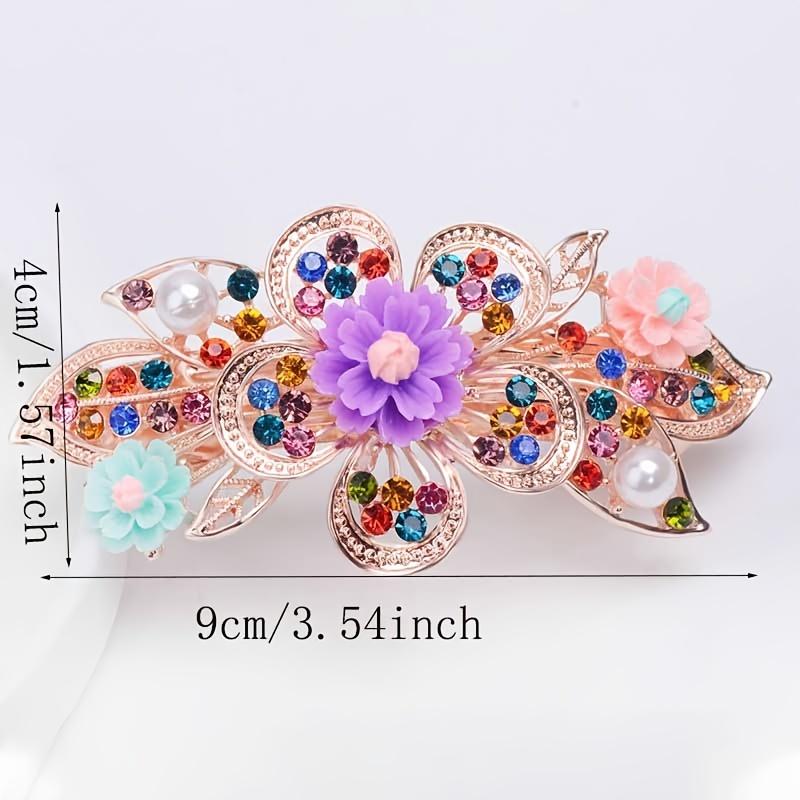 Single Large Large Rhinestone Hair Clip Spring Loaded Rectangular Hairpin with Multicolor Flower Design for Ponytails, Prom, Weddings & Special O