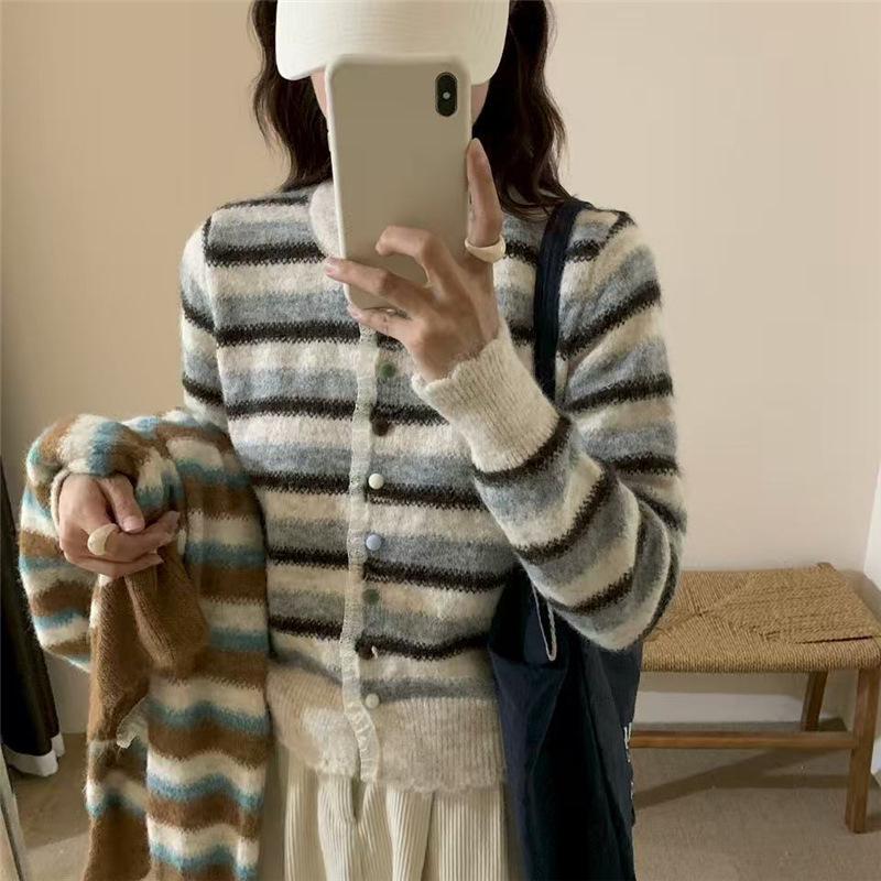 

Autumn Women s Color Block Striped Knit Cardigan with Lace Trim One Size