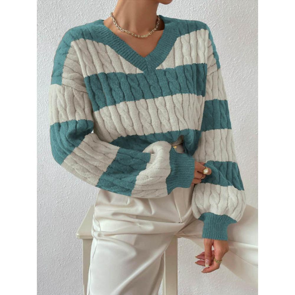 New Autumn/Winter Relaxed-Style Knitwear: Loose-Fitting, Fashionable Women’s V-neck Retro Colour-Blocked Striped Jumper