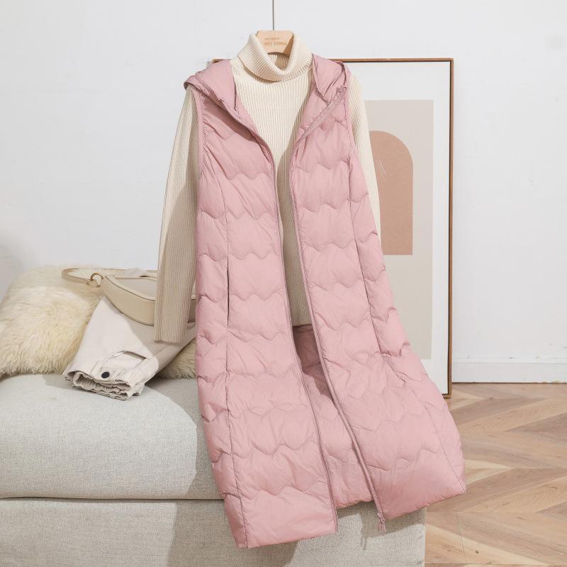 2025 Automne/Hiver Grande Taille Léger Long Au-Dessus du Genou Veste Sans Manches à Capuche en Duvet de Canard Blanc avec Motif Ondulé