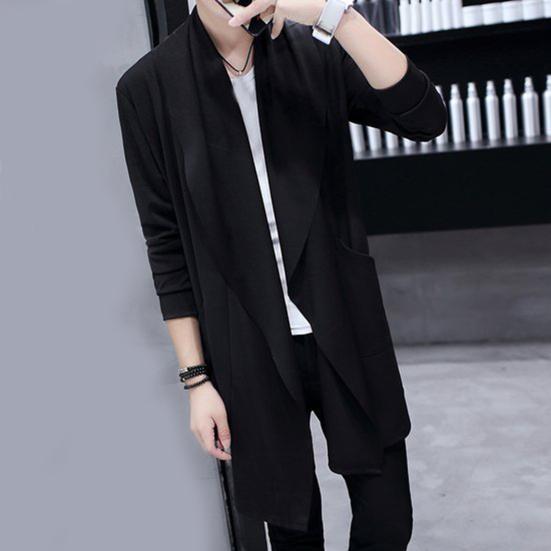 Men Trench Windbreaker Large Neckline Solid Color Slim Mid-length Draping Overcoat Outwear Cloak Streetwear