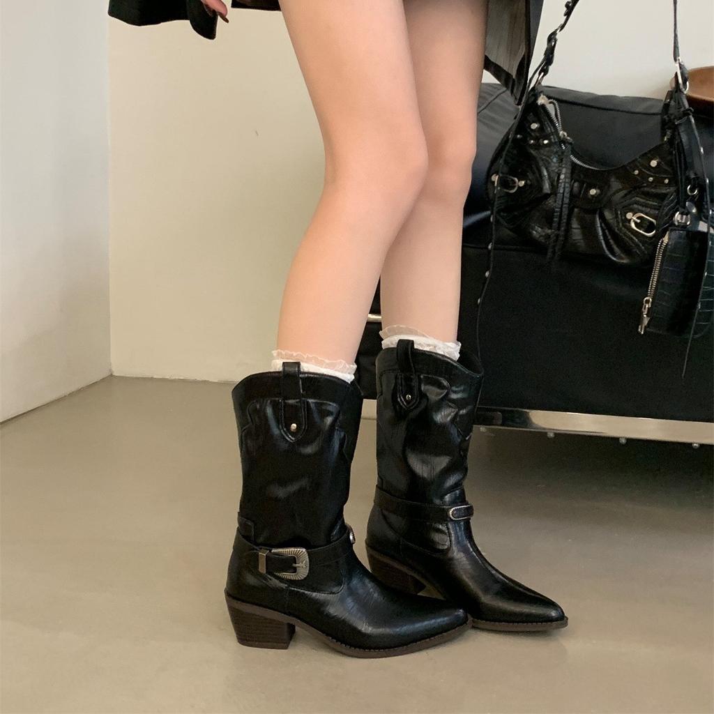 Retro Belt Buckle Medium Tube Knight Boots Women's 2025 Autumn and Winter New Square Head Thick Heel Thin Western Cowboy Boots