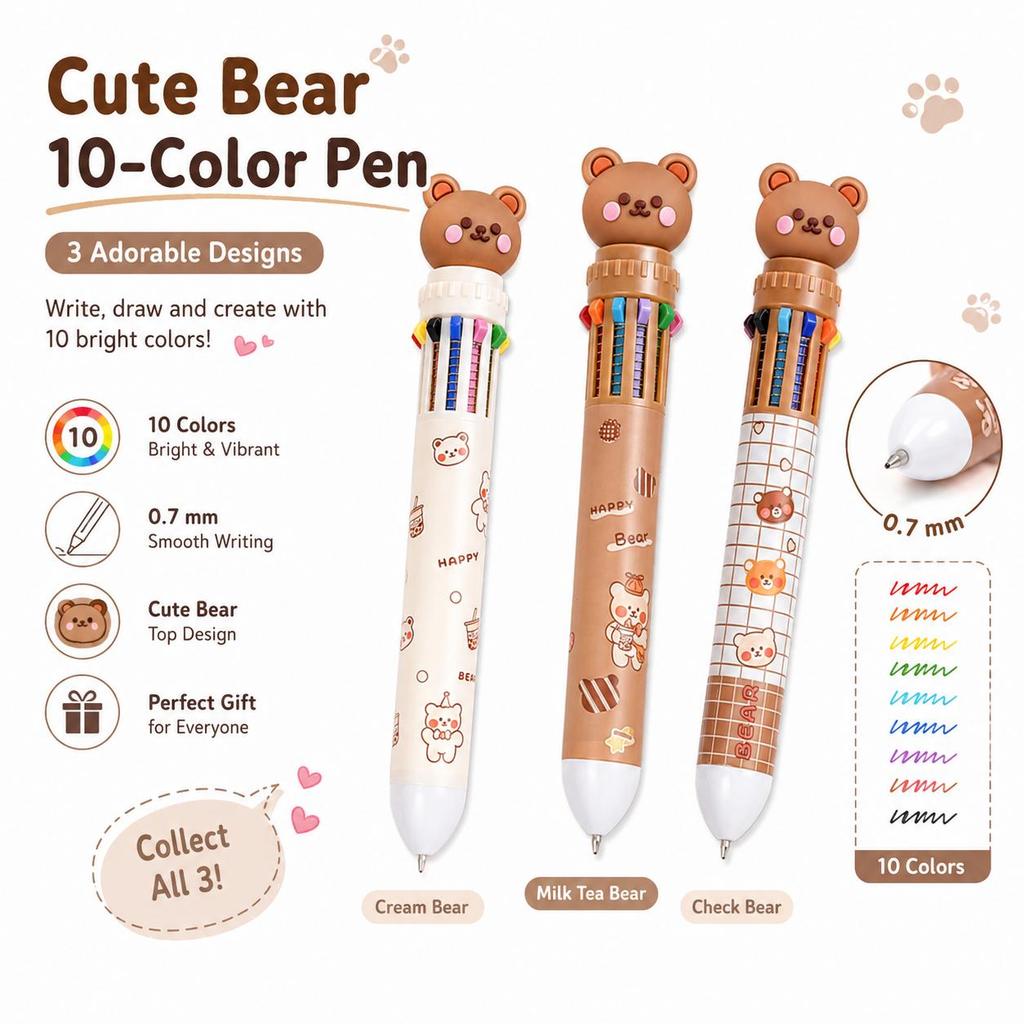 Cute Bear 10 Color Multicolor Ballpoint Pen, 0.7mm Kawaii Writing Pen for School, Journal, Planner, Office & Gifts