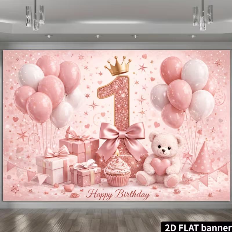 2D 1st Birthday Party Backdrop Rose Gold Balloons and Sparkles Photo Background