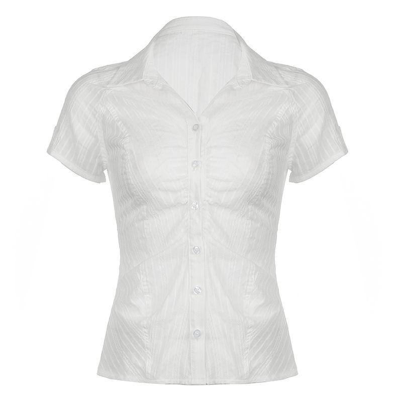 

H s European and American Women s Clothing Clear Texture French Style Ruched Breasted Short Sleeve Shirt Women s Simple Waist Fitted Pure Color Tops White S