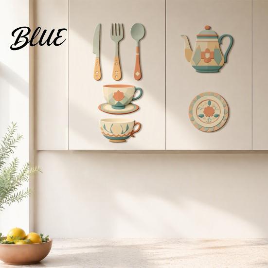Decorative Wall Stickers for Home 7Pcs 2D Flat Kitchen Wooden Decor, Retro Teapot Tableware Themed Modern Murals Art, Self‑Adhesive Plaques