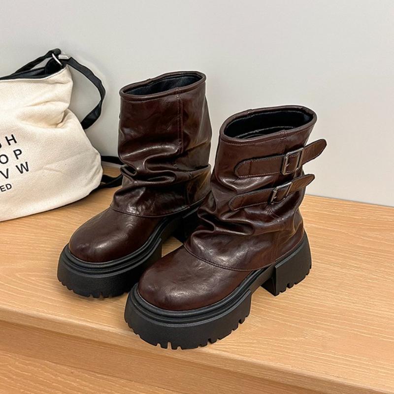 

Зимние ботильоны на платформе с толстой подошвой, женские, дизайн с ремнем и пряжкой, обувь слипоны, панк-стиль, кожаные, рыцарские, короткие ботильоны для женщин 35