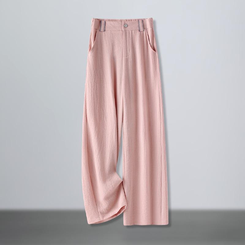 

Лето 2025 Женские белые льняные брюки с высокой талией и широкими штанинами - Приталенные, Свободные, Прямые, Повседневные и Легкие. M розовый