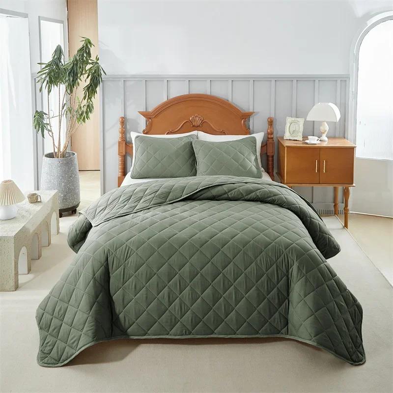Solid color plaid quilted double-sided abraded washable bed cover oblique square bed cover can be used in all seasons