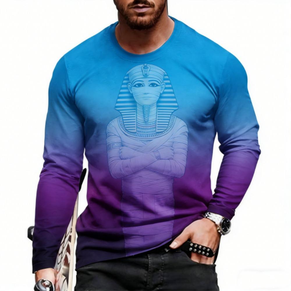 Spring Egyptian Culture Print Pullover Europe America Fashion Men s T-shirt Comfortable Men s Long Sleeve T-shirt Outdoor Oversized Tees Top S