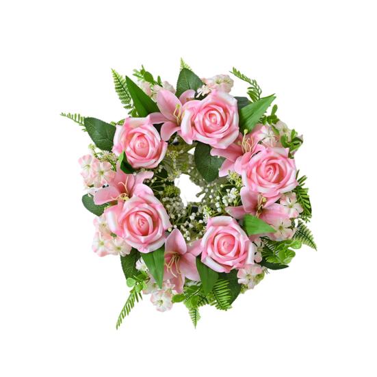 Artificial Floral Wreath for Front Door Realistic Large Rose Lily Flower Wreath with Leaves for Spring Valentine's Mother's Day Wedding Home Decor