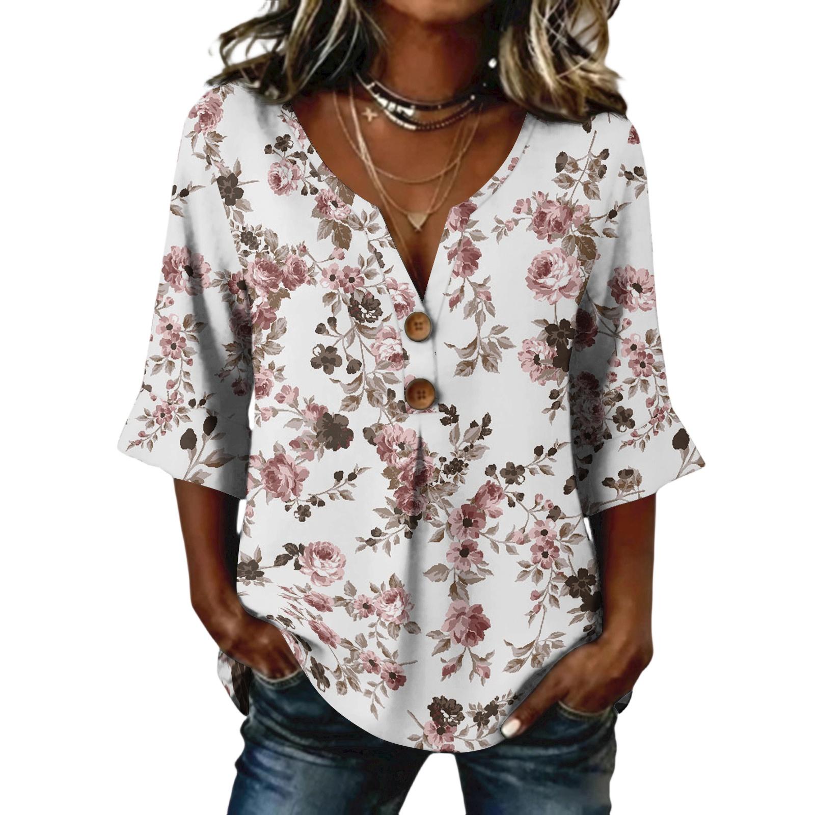 Ladies  floral print button casual V-neck fashionable seven quarter sleeve top XL