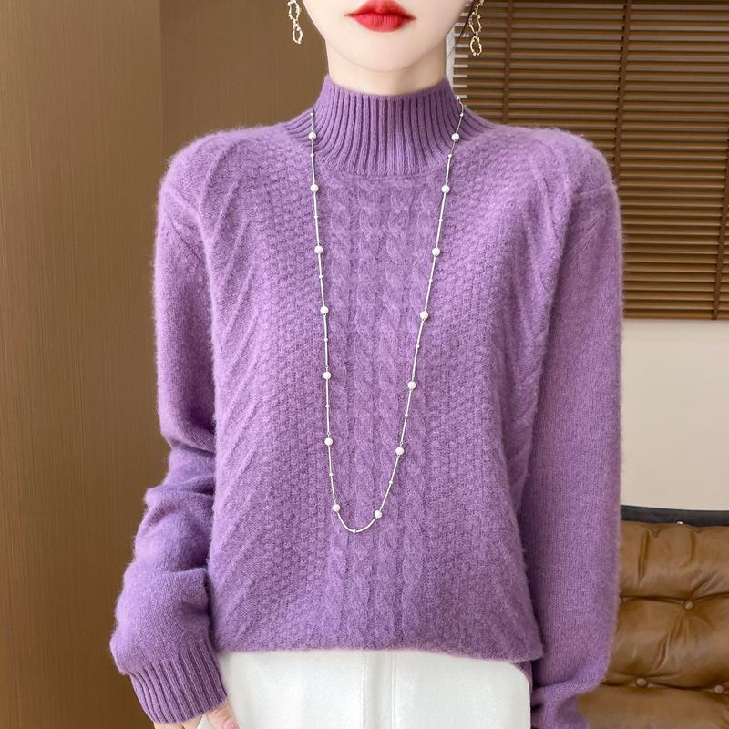 2025 Women's Wool Jacquard Pullover: Cozy Half-High Neck Sweater with Long Sleeves and Age-Reducing Design.