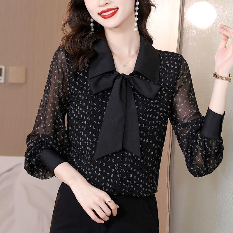 Chiffon Shirt Women's New Top Long-sleeved Shirt Floral Print Tie Neck Blouse  For Spring Fall Women's Clothing Perfect for Casual & Formal Occasions