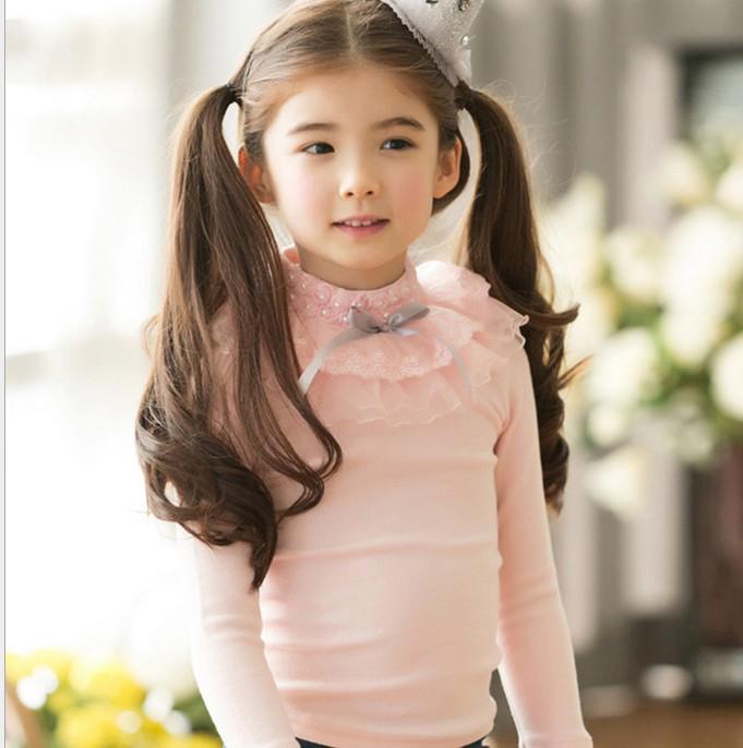 Girls' Spring & Autumn Korean Style Lace Beaded T-Shirt Top