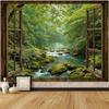 Accnicc Window Forest Tapestry Green Nature Jungle Wall Tapestry for Bedroom Aesthetic Rainforest Stream Outdoor Landsca