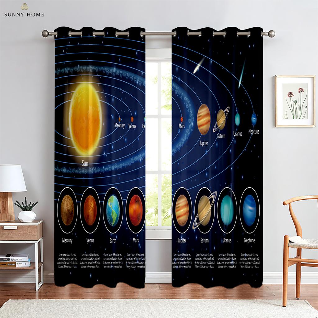 Cartoon Starry Sky Planet Curtains Children's Room Living Room Study Window Decoration Curtains Can Be Customized 2 Pieces