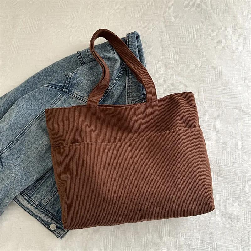 Simple Large Capacity Tote Women Shoulder Bag Retro Corduroy Ladies Shopping Commuter Underarm Bags Female Multi-pocket Handbags