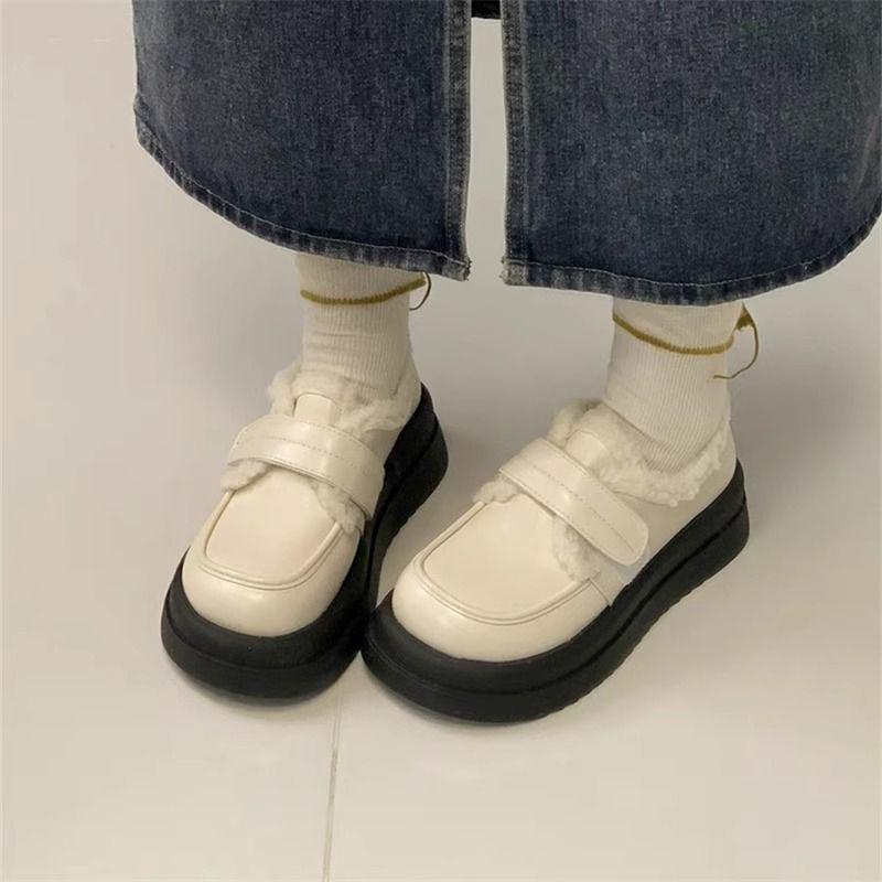 Fleece Platform Mary Jane Small Leather Shoes Women's 2025 New British Style Platform Versatile JK Loafer Cotton Shoes To Keep Warm