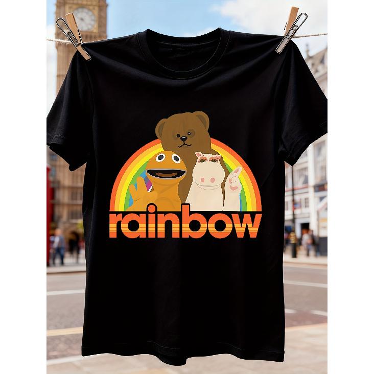 Men s Rainbow Zippy Bungle George TV Show Graphic T-Shirt Colorful Cartoon Bear and Rainbow Prints, Short-Sleeved Crew Neck Casual Tee, Adult Size, S