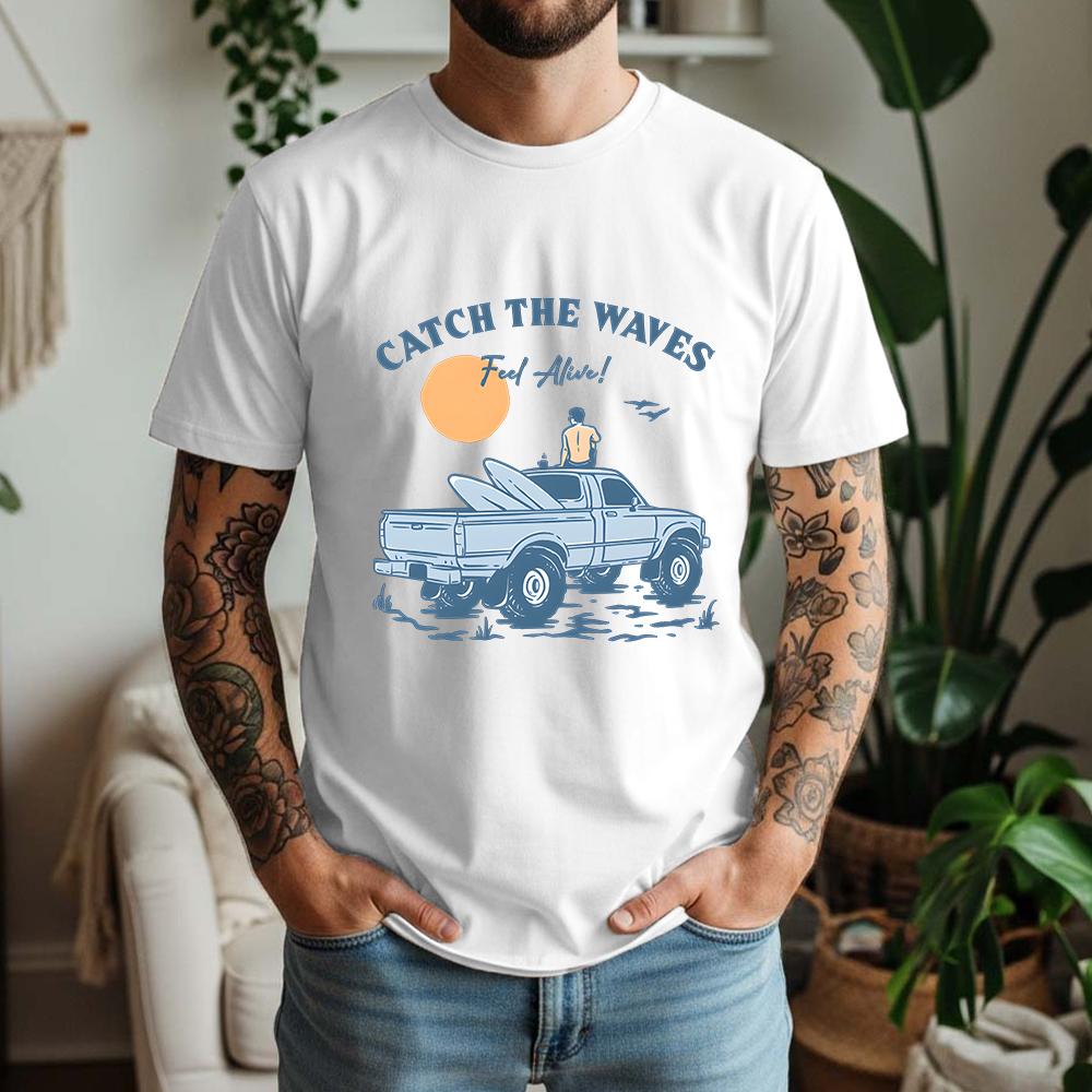 2026 Summer 100 Cotton Catch The Waves Graphic Oversized Tee Surf Pickup Summer Casual Themed Short Sleeve