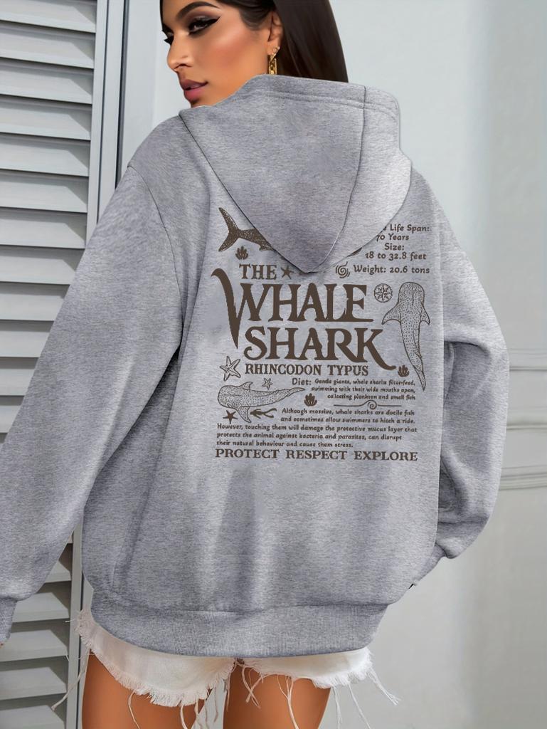 Creative Whale Shark With Letters Print Woman'S Streetwear Soft Trendy Hoodies Solid Color Warm Clothes Loose Hip Hop Hoody