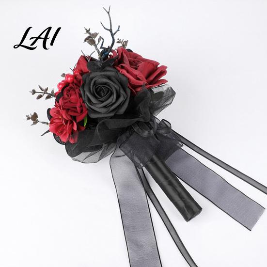 Punk Wedding Flowers Gothic Bride Bouquet Artificial Black Red Rose Flower Bouquet Metal Decoration with Skeleton Hand Pumpkin Skull for Bridal