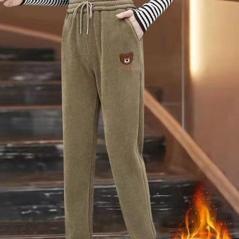Fleece thickened sweatpants women's autumn and winter high-waisted leggings slim bear embroidered corduroy casual sweatpants