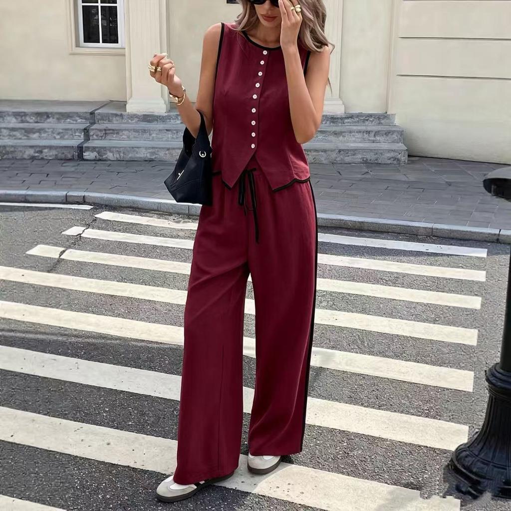 Summer Women Contrast Color Sleeveless Single Breasted Vest + Drawstring Pants Two Peice Set Women Vest Top + Pant Suit