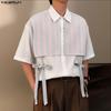 INCERUN Oversized Men Lapel Short Sleeve Crochet Patchwork Bow Casual Loose Shirts Tops