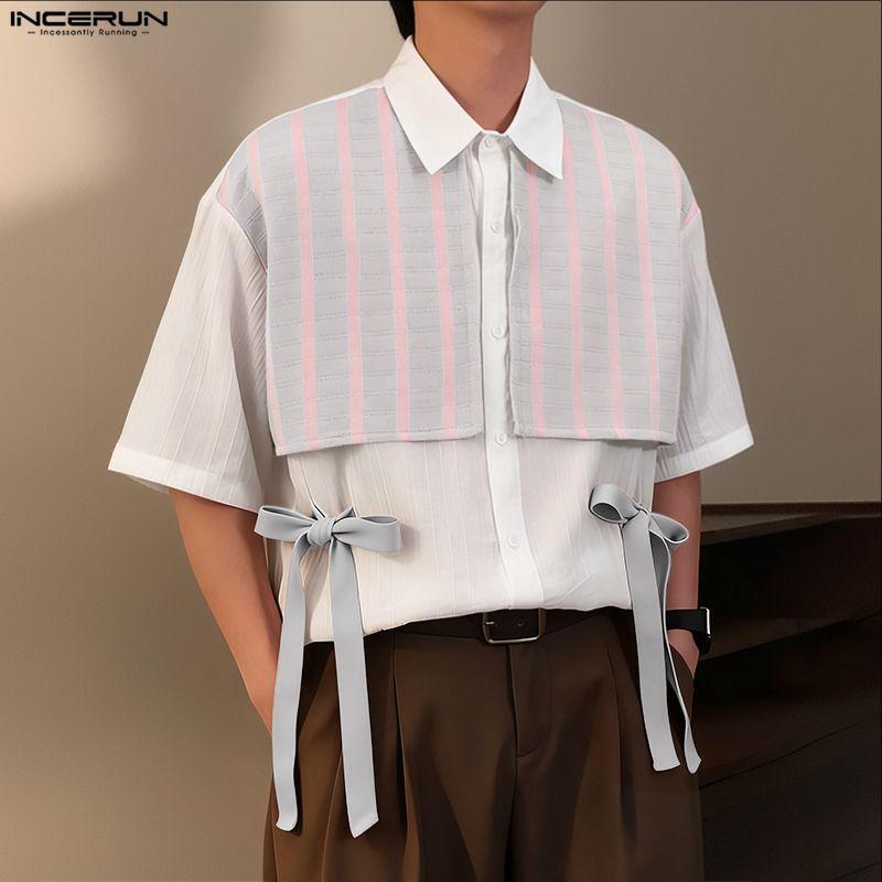 INCERUN Oversized Men Lapel Short Sleeve Crochet Patchwork Bow Casual Loose Shirts Tops